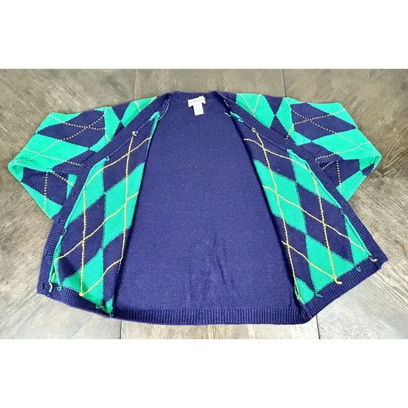 Vtg Izod Argyle Cardigan Sweater Green And Blue Size Medium M Secretary Unisex - Picture 8 of 11
